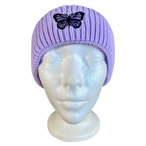 Yanyanz Purple Knit Butterfly Beanie Warm Winter Accessories One Size Fits Most - Picture 2 of 8